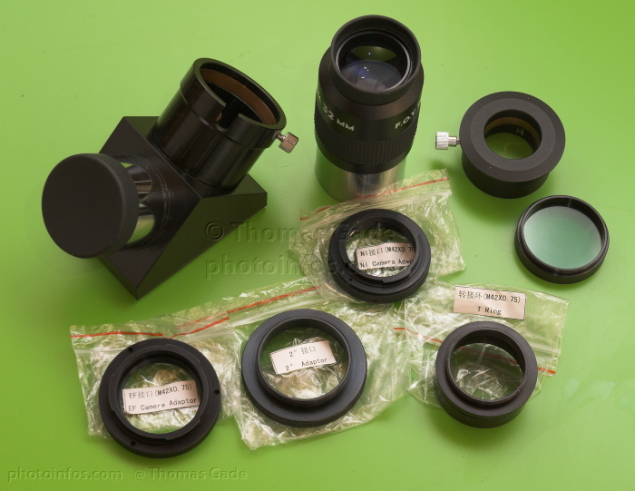 Zwei Zoll Zenitspiegel, Okular und Adapter für ein Teleskop
2" Zenitspiegel, Okular und Adapter aus dem Set des 6 Zoll Maksutov Teleskops von Bosma. Es kommt aus China und wurde von Qentis, einem ehemaligen großen Ebay-Anbieter, mit eigenem Label verkauft.
Schlüsselwörter: 2008;Astronomie;astronomy;Bosma;diagonal;eyepiece;Fernrohr;Maksutov;Okular;Optik;Qentis;telescope;Teleskop;Zenitspiegel